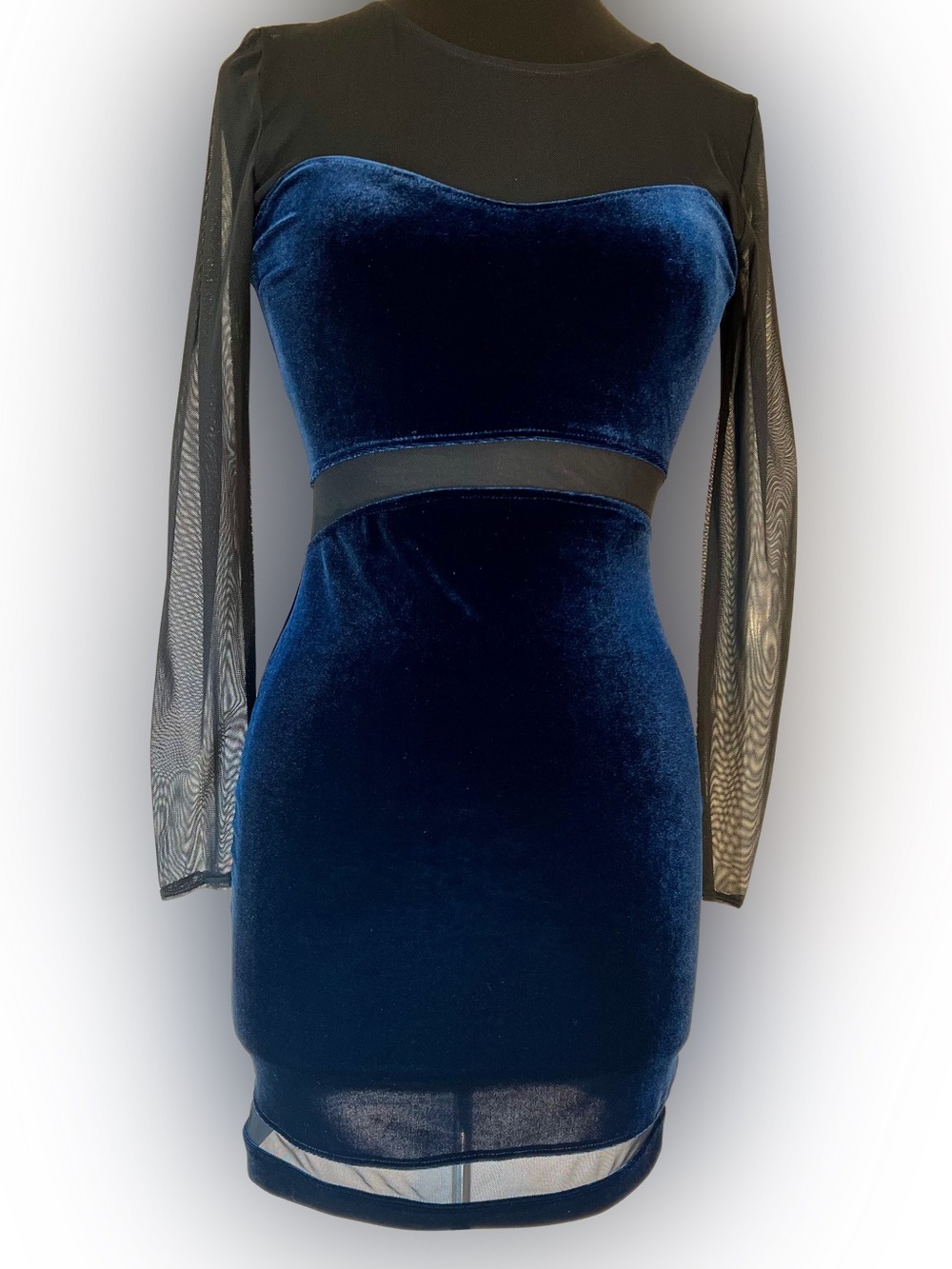 Velvet Stretch Mesh Insert Long-Sleeve Bodycon Dress in Navy